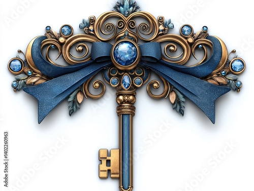 Obraz na płótnie Ornate golden key with sapphire accents and blue ribbon, embellished with decorative swirls and jewels w salonie