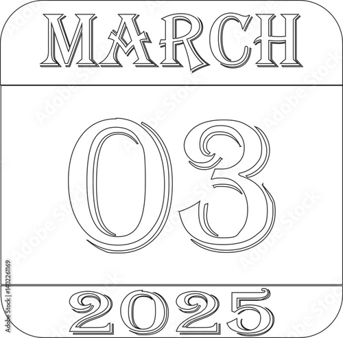 March 2025 calendar line art icon.Single day calendar in vector illustration flat style.Agenda plan, march month schedule calendar and Time planner.Meeting appointment time.Calendar Event schedule dat