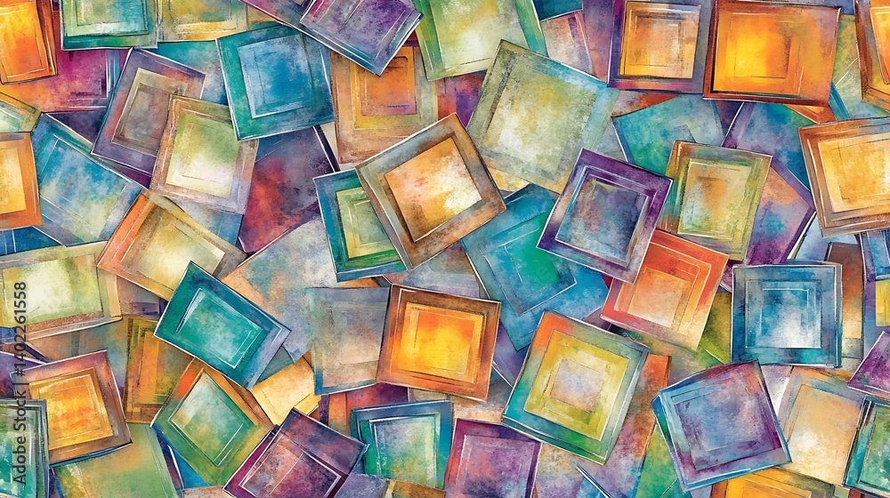 Fototapeta premium Colorful abstract artwork featuring layered square shapes in vibrant hues creating a dynamic visual
