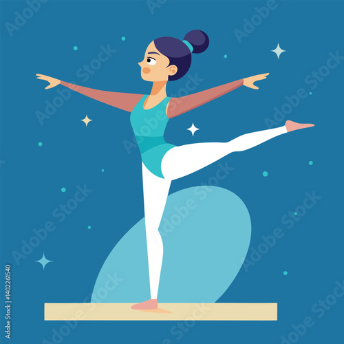 Gymnast performing an elegant balance pose on a beam in vector art 