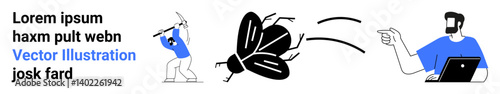 Person attacking large bug with pickaxe, another holding laptop calmly observing. Ideal for teamwork, challenges, problem-solving, cybersecurity, digital issues, resilience, flat landing page banner