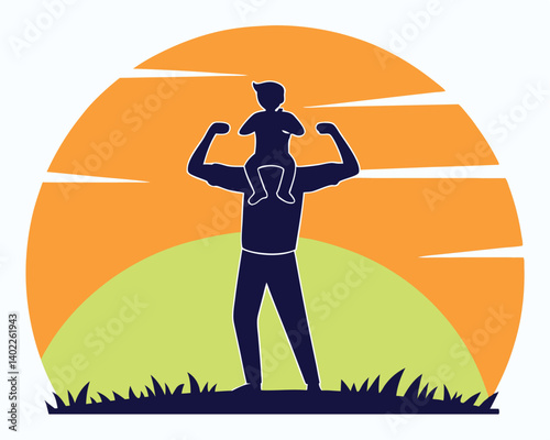 Father's Day Graphic:Father and Child Silhouette on Shoulders at Sunset Vector Illustration.