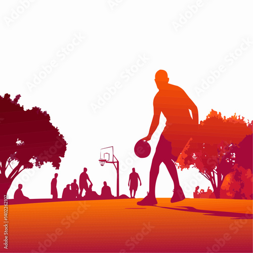 Basketball player silhouette dribbling ball on outdoor court with spectators