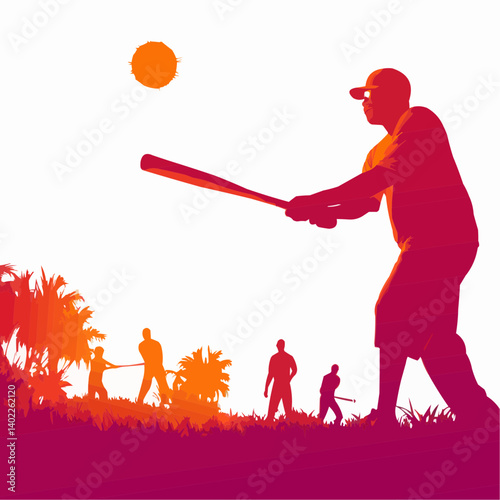 Baseball player batting in sunset silhouette