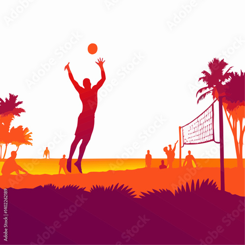 Beach volleyball player silhouette in action, sunset beach scene