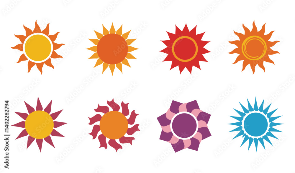 Unique artistic sun icons with varied rays featuring straight wavy pointed shapes ideal for enhancing creative graphic projects and designs
Unique artistic sun icons with varied rays featuring straight wavy pointed shapes ideal for enhancing creative graphic projects and designs