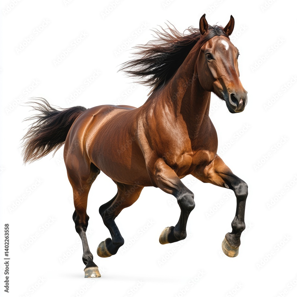 Full shot of a powerful chestnut horse in motion. The horse's mane and tail are flowing beautifully, capturing a sense of speed and grace Full shot of a powerful chestnut horse in motion. The horse's mane and tail are flowing beautifully, capturing a sense of speed and grace