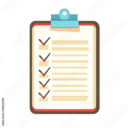 Beige Clipboard Checklist with Red Accents and Checkmarks