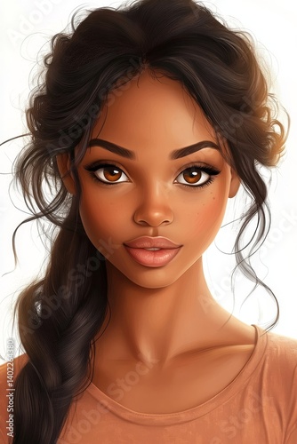 black hair beautiful generic African American young woman or girl character portrait, digital painting in 3D cartoon movies style, Generative AI