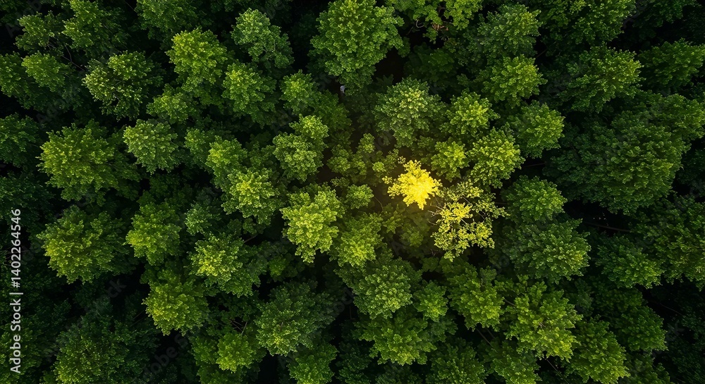 Naklejka premium Dense forest green canopy aerial view one yellow tree