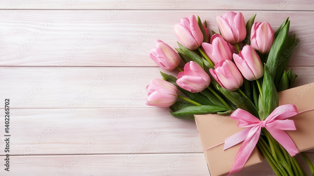 A rustic wooden surface serves as the backdrop for a charming arrangement of pink tulips. A rustic wooden surface serves as the backdrop for a charming arrangement of pink tulips.