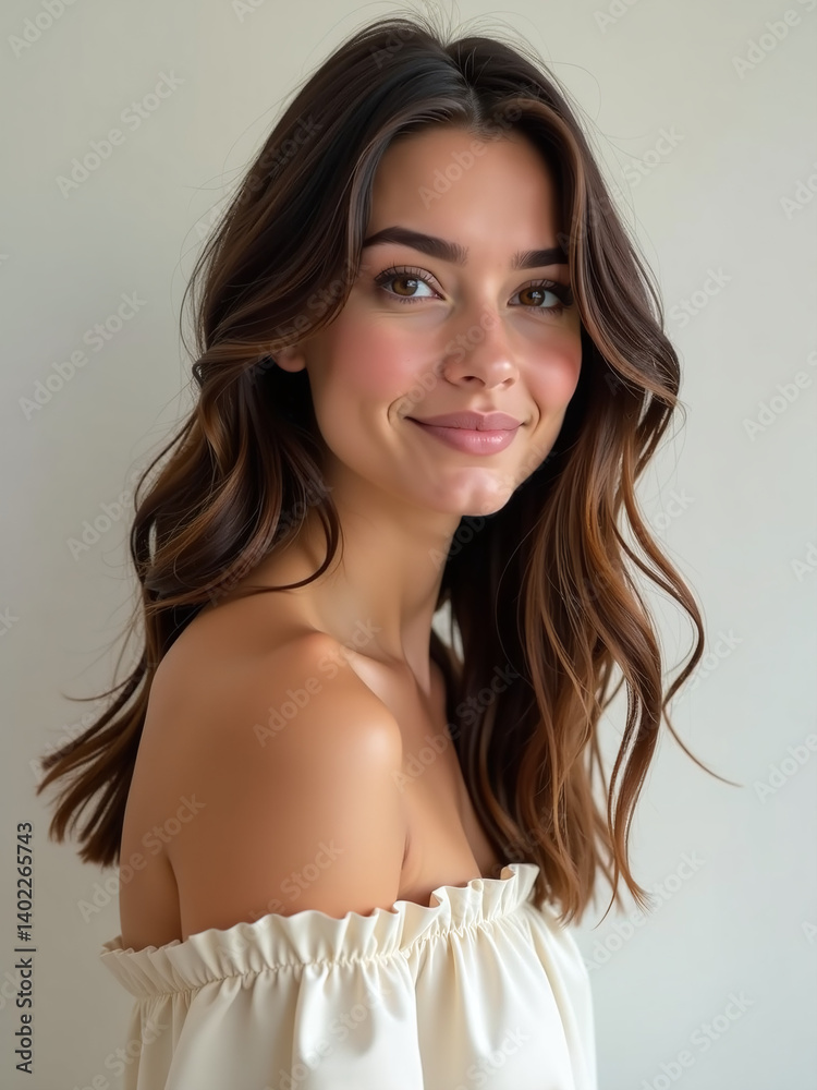 Young Woman With Effortless Style, Her Wavy Hair Complemented By Elegant Attire That Accentuates Her Natural Beauty. Young Woman With Effortless Style, Her Wavy Hair Complemented By Elegant Attire That Accentuates Her Natural Beauty.