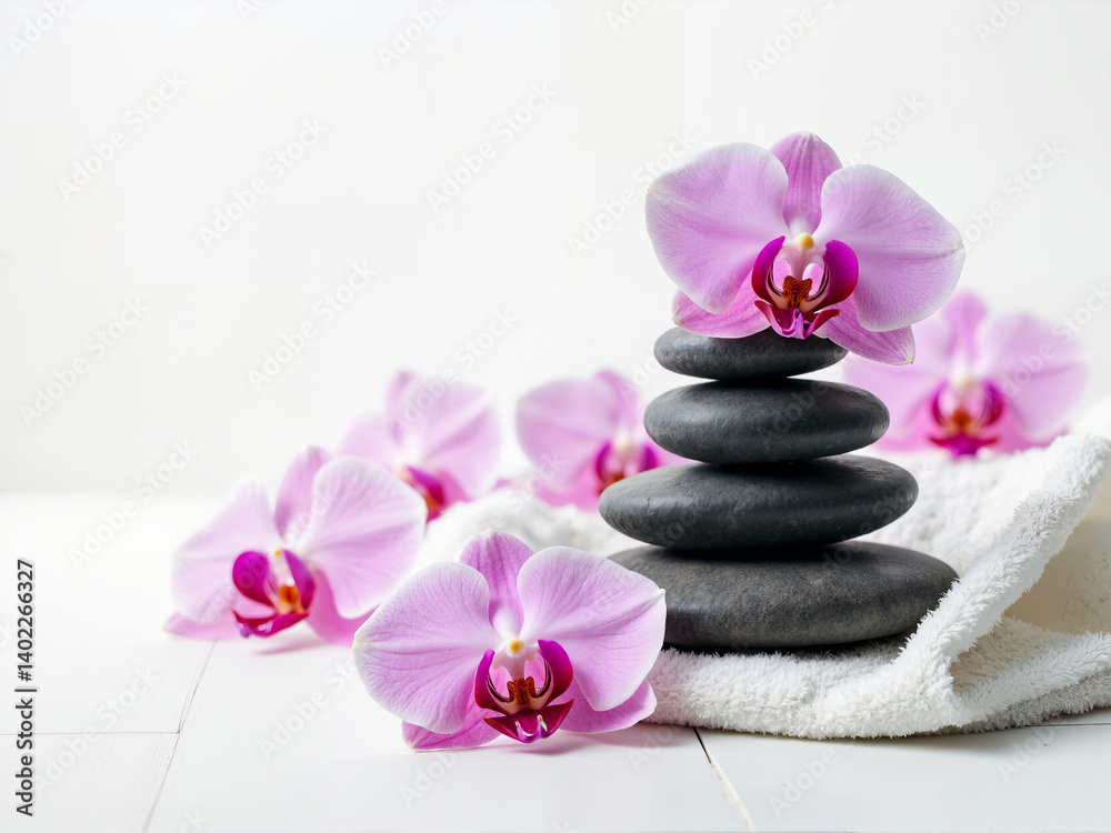 A serene arrangement of black stones stacked together with beautiful pink orchids enhances relaxation and mindfulness, representing the intersection of nature and well-being in contemporary spaces A serene arrangement of black stones stacked together with beautiful pink orchids enhances relaxation and mindfulness, representing the intersection of nature and well-being in contemporary spaces