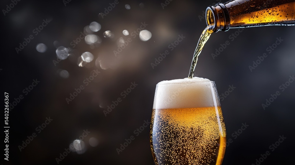 Beer pouring into a glass. A bottle of beer is pouring a frothy, golden liquid into a glass. Specks of light and air are visible as the liquid spills