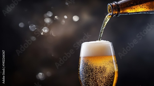Obraz na płótnie Beer pouring into a glass. A bottle of beer is pouring a frothy, golden liquid into a glass. Specks of light and air are visible as the liquid spills w salonie