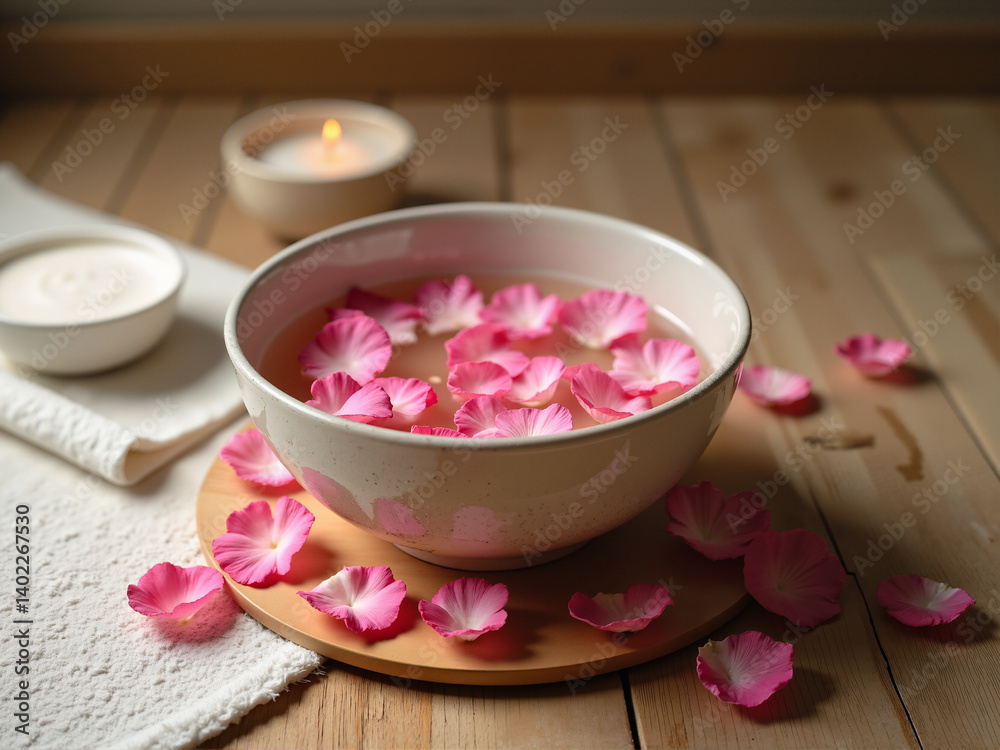 A serene bowl filled with water and pink flower petals creates a calming atmosphere, perfect for wellness and relaxation. Soft lighting enhances the peaceful ambiance, ideal for self-care routines A serene bowl filled with water and pink flower petals creates a calming atmosphere, perfect for wellness and relaxation. Soft lighting enhances the peaceful ambiance, ideal for self-care routines