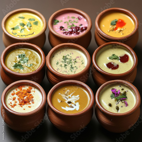 various type of lassi in the clay pot lassi make with yogurt photo
