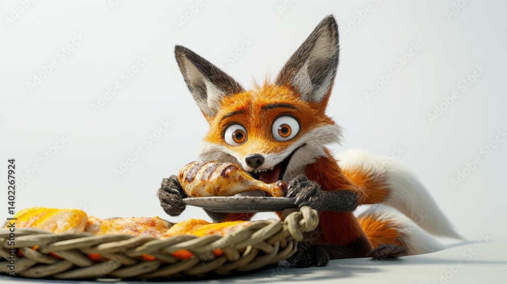 Hungry fox enjoying a roasted chicken