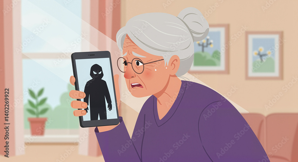 Elderly woman expressing fear while viewing a phone screen indoors