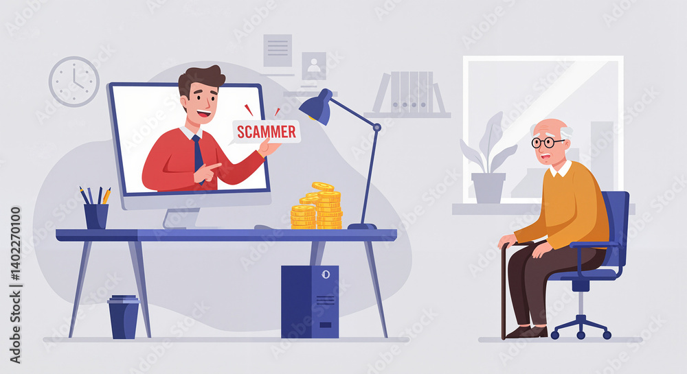 Elderly man watching online tutorial while seated in modern office