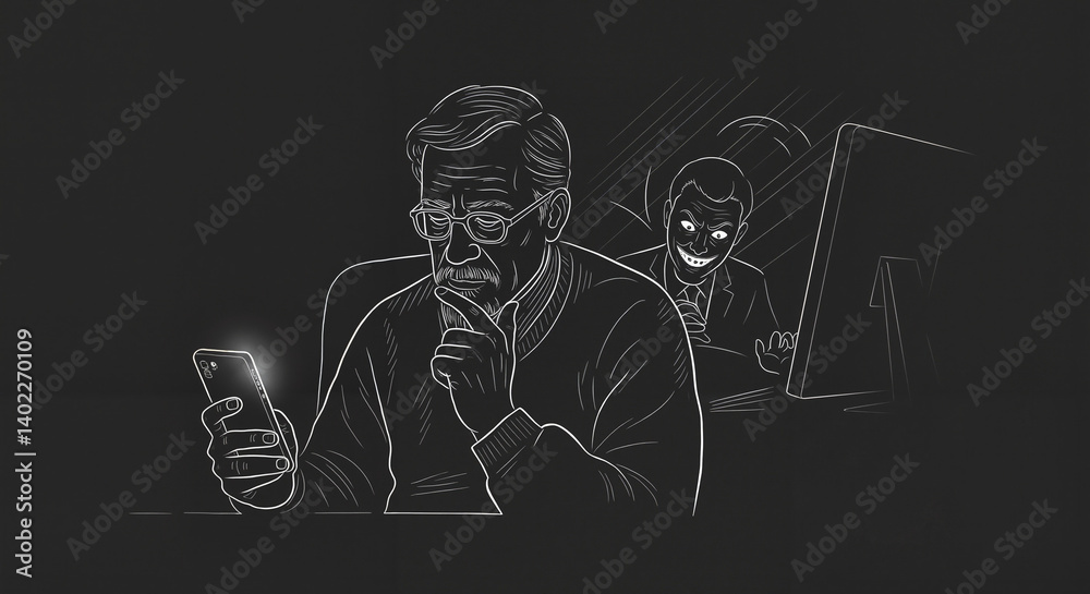 Concerned elderly man using smartphone with shadowy figure behind
