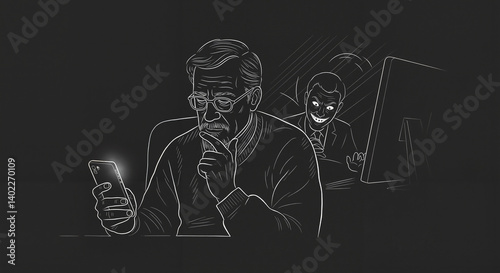 Obraz na płótnie Concerned elderly man using smartphone with shadowy figure behind w salonie