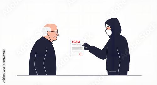Obraz na płótnie Elderly Man Confronted by Fraudster Showing Scam Notice w salonie