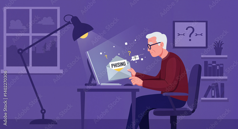 Elderly man examining email on computer at night