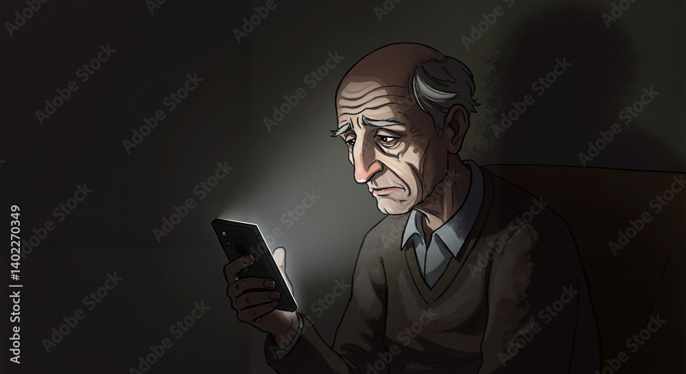 Elderly man looking worried while using smartphone in dim light