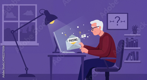 Obraz na płótnie Elderly man examining email on computer at night w salonie
