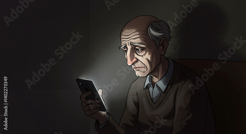 Obraz na płótnie Elderly man looking worried while using smartphone in dim light w salonie