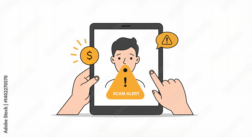 Hands pointing at a scam alert on a tablet screen