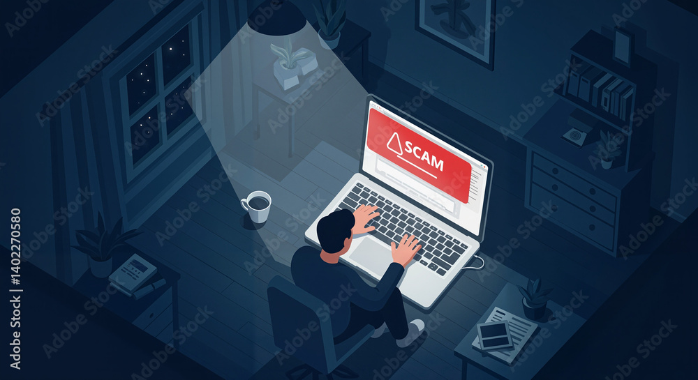 Man typing on laptop with scam warning in dimly lit room