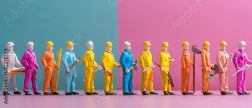 Colorful paper construction workers holding tools in a row, flat lay banner design for international day of peace and workers day celebration