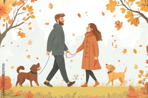 Happy young couple walking, playing with dogs in a park, Generative AI