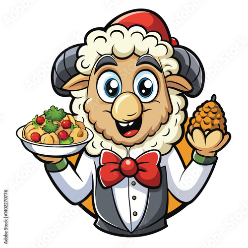 Festive sheep character serving food