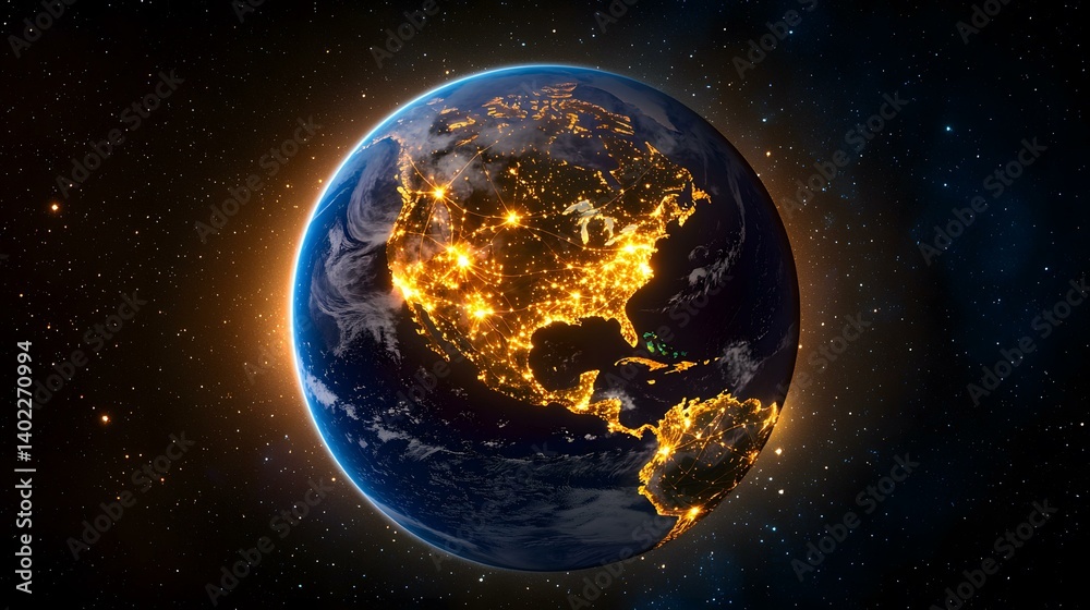 Fototapeta premium The image shows Earth at night, from space. The bright lights of North and Central America are clearly visible against the dark background of space, showcasing the global network of human settlement