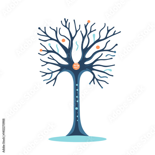 Abstract Neuron Tree Illustration with Blue Branches and Orange Accents