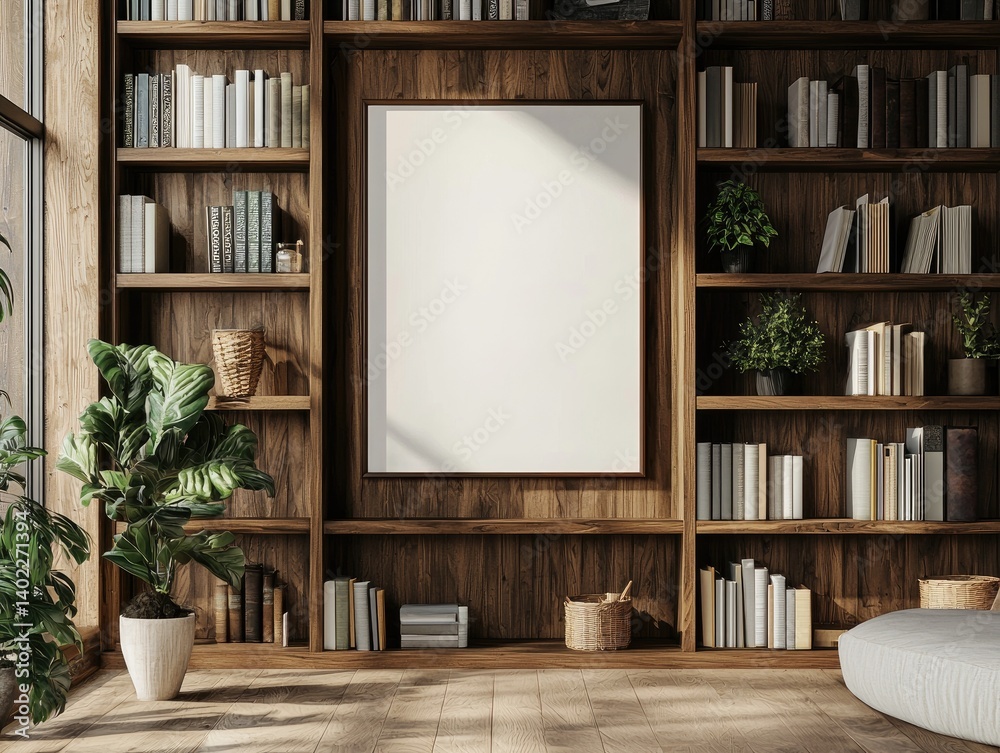 Modern wooden bookcase, blank canvas, greenery
