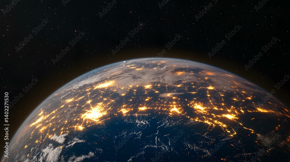 Fototapeta premium The image shows a view of Earth from space at night, highlighting the bright lights of cities and towns across a large landmass, contrasted against the dark expanse of space speckled with stars.
