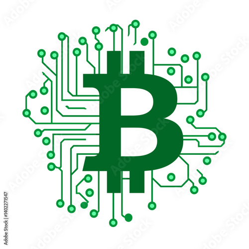 Green Bitcoin Symbol on Circuit Board Background