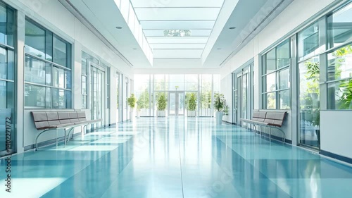 A clean and spacious hospital corridor with large windows, natural lighting, and potted plants creating a calm, welcoming atmosphere. The sleek design emphasizes cleanliness, comfort, and contemporary