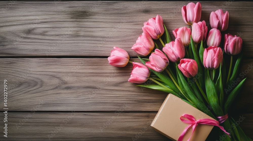 A rustic wooden surface serves as the backdrop for a charming arrangement of pink tulips. A rustic wooden surface serves as the backdrop for a charming arrangement of pink tulips.