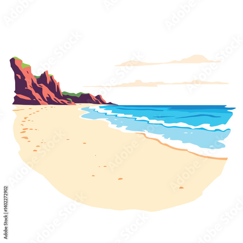 Vsai ocean waves crashing on sandy beach near cliffs, minimalist vector illustration
