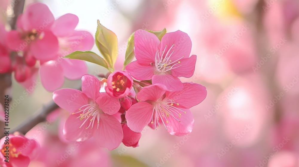 A close-up of pink cherry blossoms against a blue sky. A close-up of pink cherry blossoms against a blue sky.