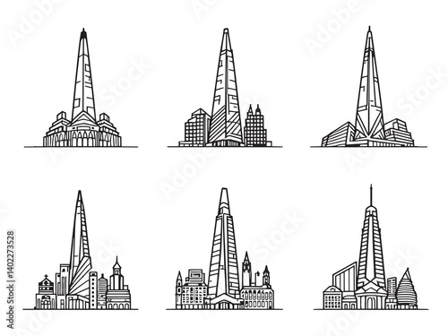 Shard London Bridge Black Line Icon Set