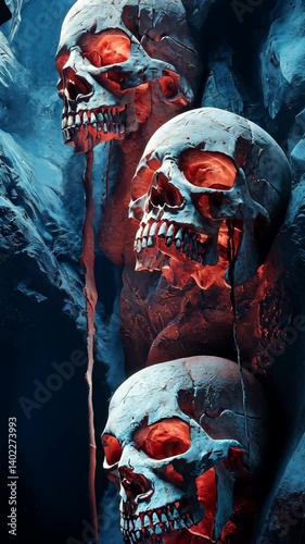 Abstract Artistic Representation of Three Haunting Skulls Surrounded by Chilling Shadows and Blood