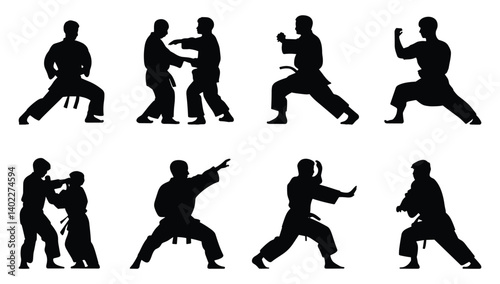 Set of karate silhouettes showcase diverse techniques. vector illustration.