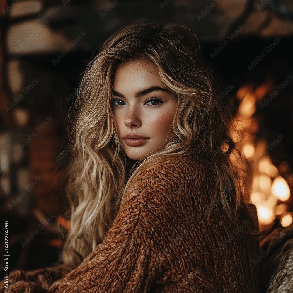 Attractive young woman with golden hair, warm tones, cozy by fireplace