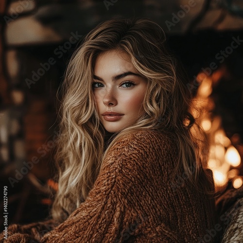Obraz na płótnie Attractive young woman with golden hair, warm tones, cozy by fireplace w salonie